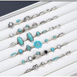 Bulk 42 Pcs Southwest Turquoise Style Rings Set for Women Ethnic Style Silver